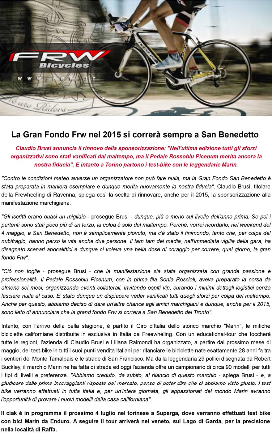 La Gran Fondo Frw nel 2015 si correrà sempre a San Benedetto